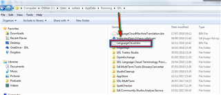 File Explorer window showing the SDL folder within AppData Roaming directory with the LanguageCloud.bin file highlighted for deletion.
