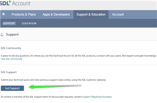 SDL Account support page with an arrow pointing to 'Get Support' button for submitting technical queries and viewing previous support cases.