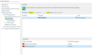 Trados Studio Project Settings window showing the Termbases tab with an option to add, remove, or filter termbases. A termbase named 'WRAC (default)' is listed without a specified language pair.