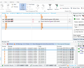 Screenshot of Trados Studio showing a verification error for an uppercase 'G' inconsistency before approving changes.