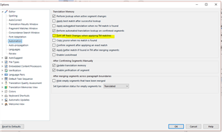Trados Studio options menu with 'Track changes' section highlighted, showing 'Show all markup' and 'Show track changes when opening the file' options checked.