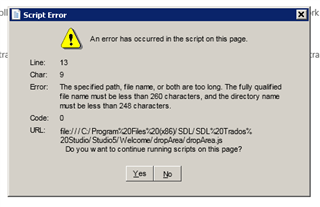 Script Error dialog box with a warning icon indicating an error has occurred in the script on this page. It specifies that the path, file name, or both are too long and must be less than 248 characters.