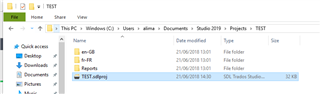 File Explorer window showing the path C: Users yourusername Documents Studio 2017 Projects with a highlighted SDL Trados Studio project file named TEST.sdlproj.