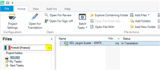 Trados Studio screenshot after changing the language to French (France) in the Files View, showing the file 'SDL jargon buster - ENFR.sdlxliff' now available and the status changed to 'In Translation'.