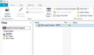Trados Studio screenshot showing the Files View with the source language English (United Kingdom) selected and the file 'SDL jargon buster - ENFR.sdlxliff' highlighted but the 'Open for Translation' option is greyed out.