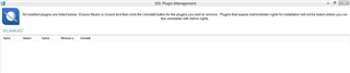 Screenshot of SDL Plugin Management software with an empty list, indicating no plugins or errors are visible.