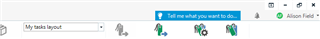 Trados Studio 2019 interface showing 'My default layout' with a 'Tell me what you want to do' search bar and various toolbar icons including open file, save, and settings.