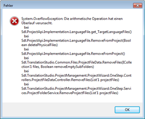 Error dialog in Trados Studio showing 'System.OverflowException: Die arithmetische Operation hat einen  berlauf verursacht.' with stack trace information.