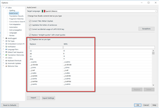 Trados Studio AutoCorrect options window showing a list of autocorrect entries such as 'manana' to 'manana' with a tilde and a checked box for 'Replace text as you type'.