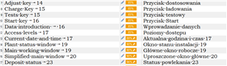 Screenshot of Trados Studio 2017 showing a list of menu options with corresponding numbers, some options are in English and others in Polish without any visible errors or warnings.