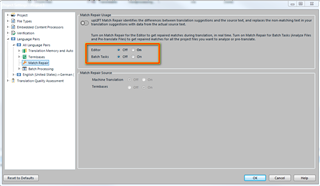 Trados Studio settings window showing Match Repair options with 'Enable Match Repair' set to ON and a highlighted button to switch it OFF.