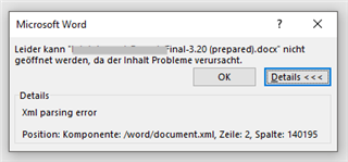 Error message in Microsoft Word stating 'Leider kann filename nicht geoffnet werden, da der Inhalt Probleme verursacht' with a Details button indicating an XML parsing error at worddocument.xml.