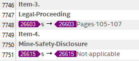Screenshot of Trados Studio showing separated segments with numbers and arrows indicating a need for merging, such as '26603 $ -> 26603 Pages: 105-107'.