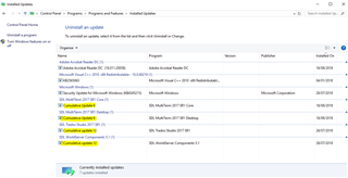 Control Panel Programs and Features window showing installed updates with MultiTerm 2017 CU6 and Studio 2017 CU12 updates highlighted for uninstallation.