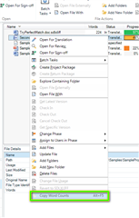 Trados Studio screenshot showing a right-click context menu with 'Copy to Clipboard' option highlighted in a project file list.