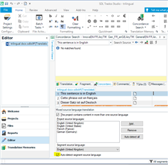 Screenshot of Trados Studio interface showing the Editor view with a highlighted checkbox for 'Mixed source language translation' in the project settings.