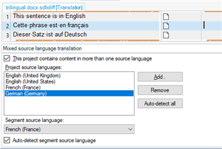 Close-up of Trados Studio project settings with a list of source languages including English (United States), English (United Kingdom), and German (Germany) with the 'Auto-detect segment source language' option checked.
