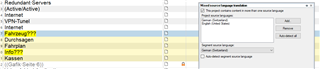 Trados Studio interface with 'Auto-detect segment source language' unchecked and manual language setting for segments.