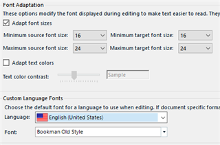 Trados Studio font adaptation settings with minimum and maximum source and target font sizes set to 16 and 24 respectively, and custom language font for English (United States) set to Bookman Old Style.