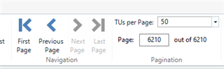 Trados Studio screenshot showing the pagination section with 'First Page', 'Previous Page', 'Next Page', and 'Last Page' navigation arrows. 'Next Page' and 'Last Page' arrows are greyed out. 'Page:' box displays 6210 out of 6210 indicating the last page.