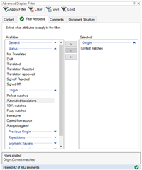 Trados Studio Advanced Display Filter dialog box with 'Context matches' selected under the 'Selected' column.