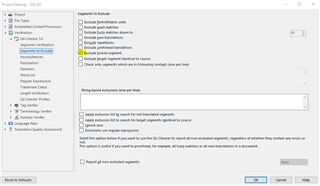 Trados Studio Project Settings dialog with 'Exclude locked segments' option checked under 'Segments to exclude'.