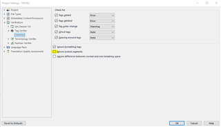 Trados Studio Project Settings dialog with 'Ignore locked segments' option checked under 'Verification'.