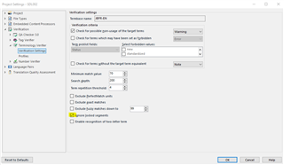 Trados Studio Project Settings dialog with 'Exclude locked segments' option checked under 'Verification settings'.