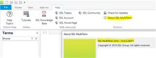 SDL MultiTerm version information highlighted, showing version 2019 - 15.0.6.56482.