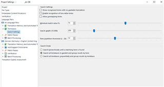 Project settings in Trados Studio with search settings visible, no errors or warnings shown.