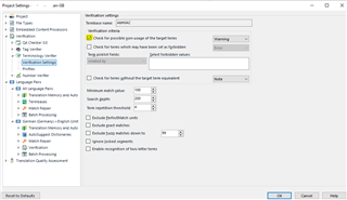 Project settings in Trados Studio with verification settings visible, 'Check for possible source text of the target text' option ticked.
