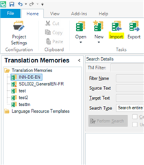 Trados Studio Translation Memory view showing a list of translation memories with 'SDLN002-GE-EN-FR' highlighted and the 'Import' button on the top toolbar also highlighted.