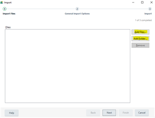 Trados Studio Import Wizard with an empty file list and options to 'Add Files...', 'Add Folder...', or 'Remove' on the right side.