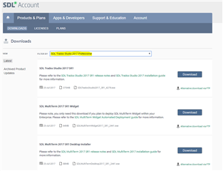SDL Account Downloads page with a filter set to 'SDL Trados Studio 2017' showing available downloads.