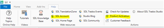 Trados Studio Help tab highlighting 'Product Activation' and 'SDL Accounts' options.