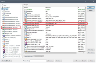 Trados Studio screenshot showing File Types options with a list of filters. The Excel filter is highlighted with an error message stating 'Cannot parse column widths'.