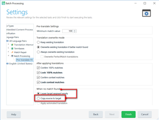 Trados Studio settings window showing Pre-translate settings with 'Copy source to target' option selected, highlighted in red.