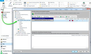 Screenshot of Trados Studio interface showing the 'Project Settings' option highlighted in the top left menu with a green arrow pointing towards it.