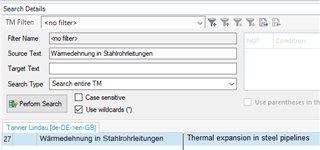 Trados Studio 'Search Details' panel with 'Source Text' filled with 'Waermedehnung in Stahlrohrleitungen', 'Search entire TM' selected, and search results displaying a match in the TM.
