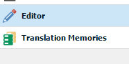 Trados Studio interface showing 'Editor' tab selected and 'Translation Memories' option highlighted on the bottom left-hand side.