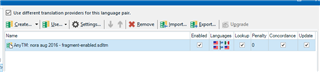 Trados Studio screenshot displaying a translation memory named 'MyTM' added for the German-English language pair with options for Import, Export, and Upgrade.
