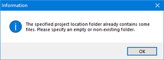 Information dialog box in Trados Studio with a message: The specified project location folder already contains some files. Please specify an empty or non-existing folder.