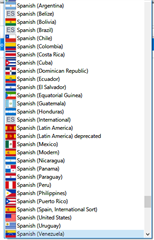 Screenshot of Trados Studio language selection dropdown menu showing various Spanish language options including Argentina, Bolivia, Chile, Colombia, Costa Rica, Dominican Republic, Ecuador, Spain, Guatemala, Honduras, International, Latin America, Mexico, Nicaragua, Panama, Peru, Puerto Rico, Paraguay, El Salvador, Uruguay, and Venezuela.
