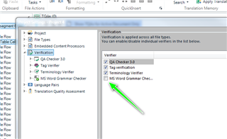 Trados Studio screenshot showing the Project Settings window with Verification tab selected. MS Grammar Checker is highlighted with a green arrow pointing towards its checkbox.
