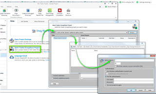 Screenshot of Trados Studio 2017 with an 'Open Trados GroupShare Project' dialog box highlighted, and an error message stating 'The project is using a newer version'.