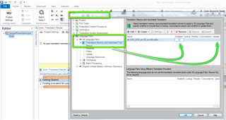 Screenshot of Trados Studio showing the Project Settings window with Translation Memory and Automated Translation settings. Green arrows point to the 'Update' checkbox and the 'Add' button for Translation Memory.