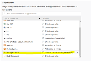 Firefox applications settings showing 'sdlxliffhttps' set to open with 'Usa Trados Studio (predefinito)' which means 'Use Trados Studio (default)'.