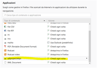 Firefox applications settings with 'sdlxliffhttps' highlighted and the action set to 'Chiedi ogni volta' which means 'Ask every time'.