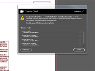 Creative Cloud error dialog box indicating missing fonts with a warning icon and a 'Find Fonts' button.
