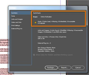 Package Summary dialog box with a highlighted section showing errors: 'Fonts: Entire Fonts Missing, 0 Embedded, 0 Incomplete'.